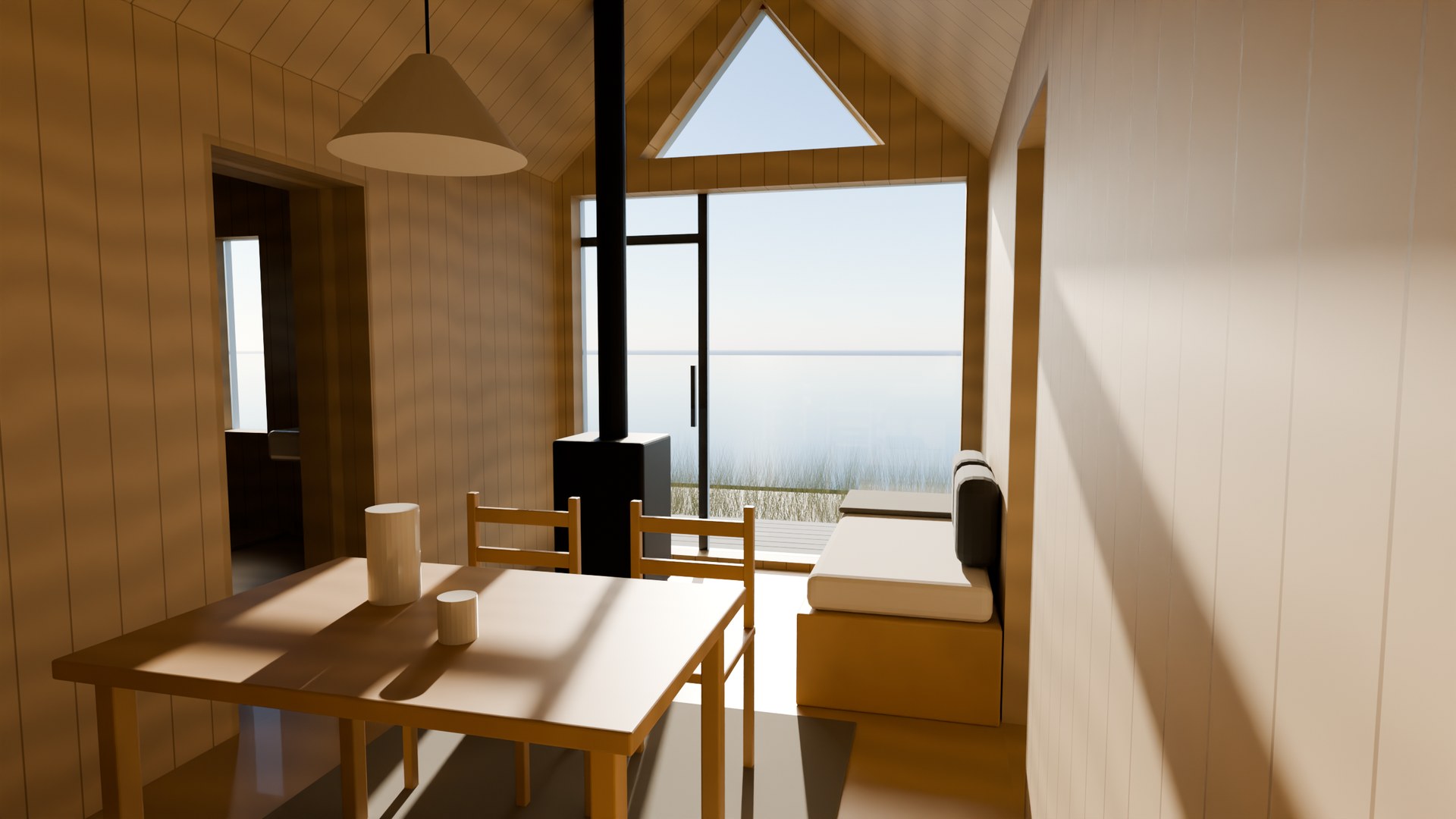 Inside the Live room of SKJUL: oak table, wood stove and the glass wall to the lake