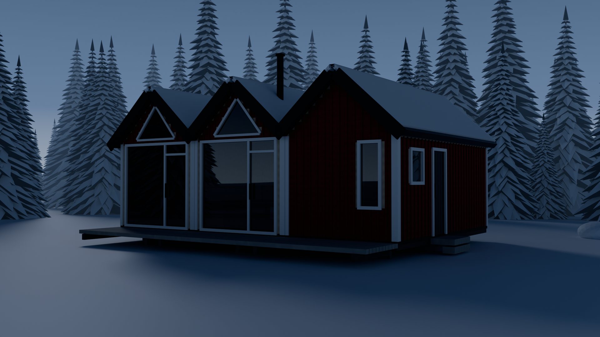 SKJUL at the blue hour, the three rooms dark