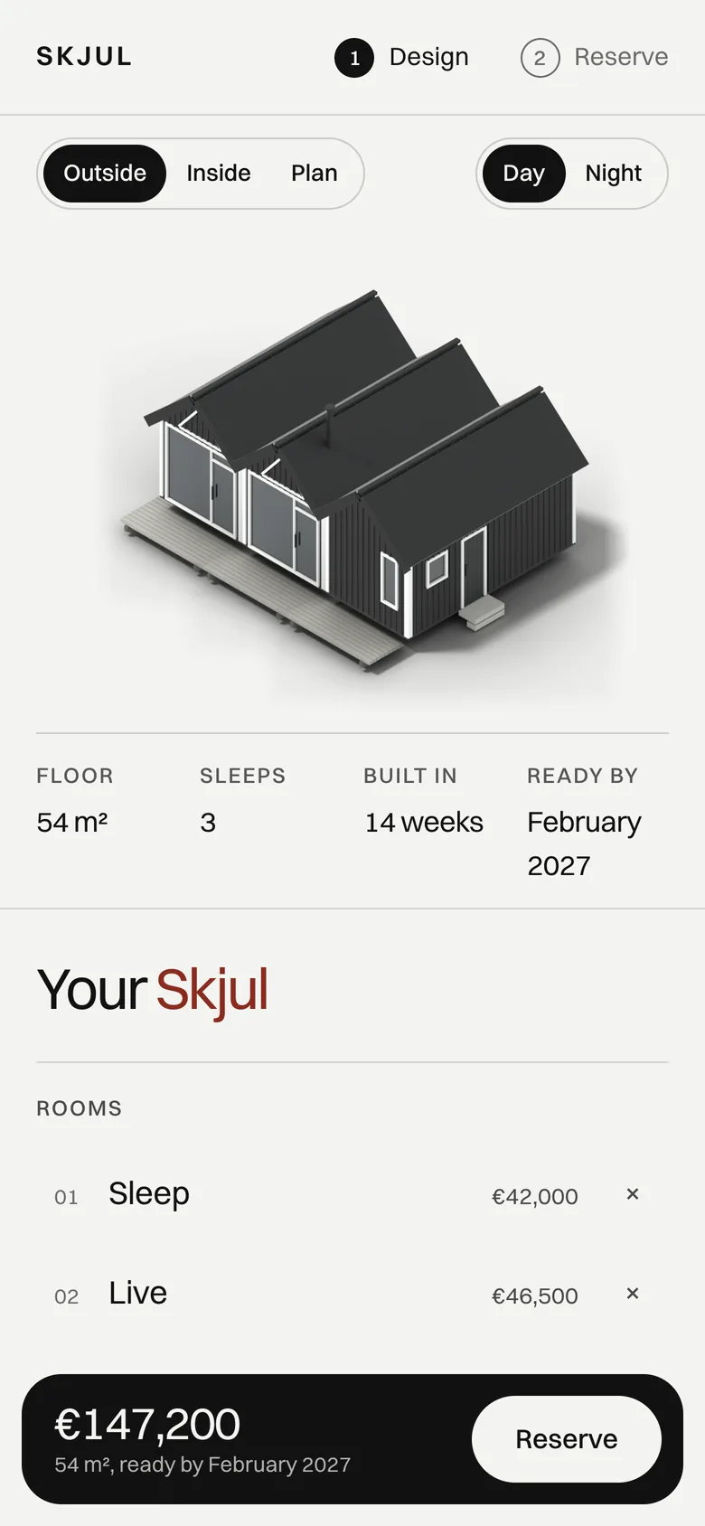 The configurator on the phone, a black cabin with the total at the foot of the screen