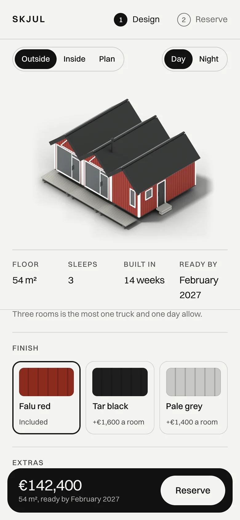 The configurator on a phone, the cabin in falu red, the total €142,400