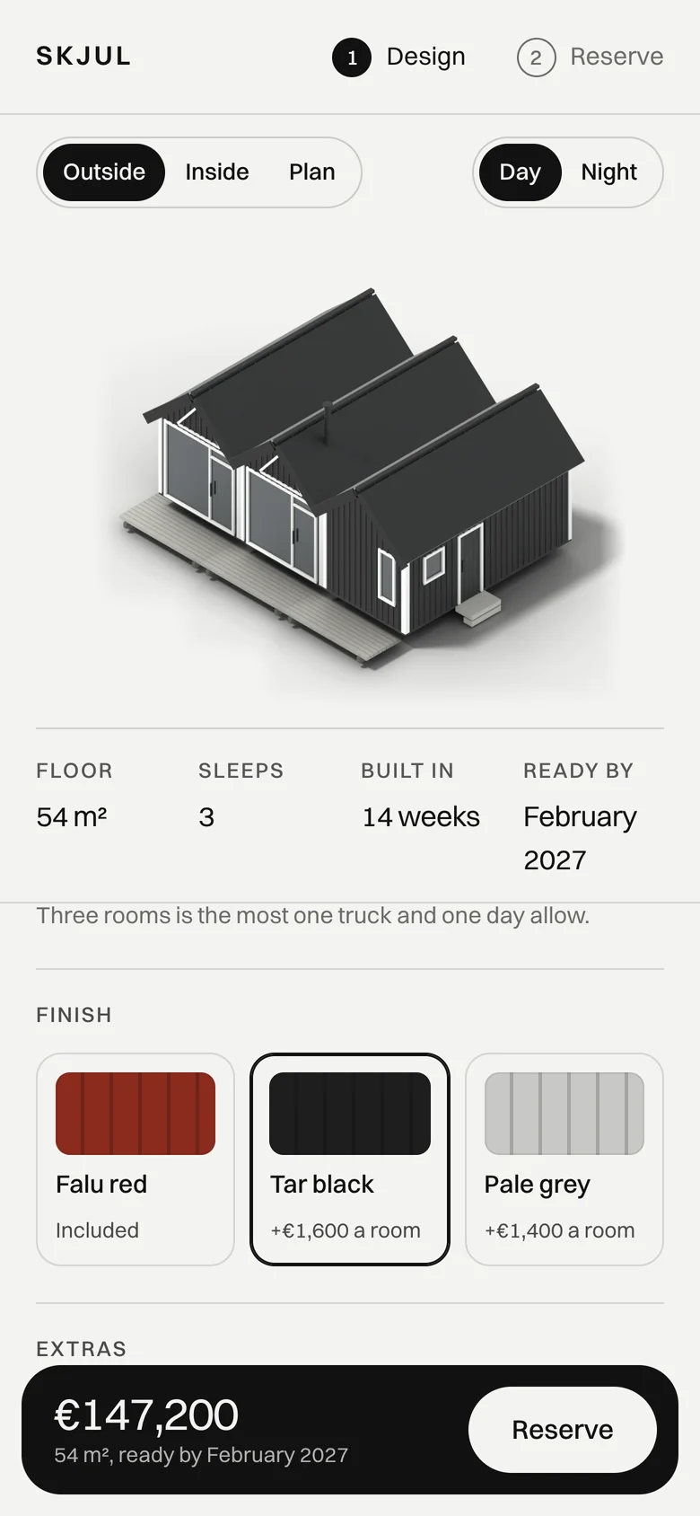 The configurator on a phone, the cabin in tar black, the total €147,200
