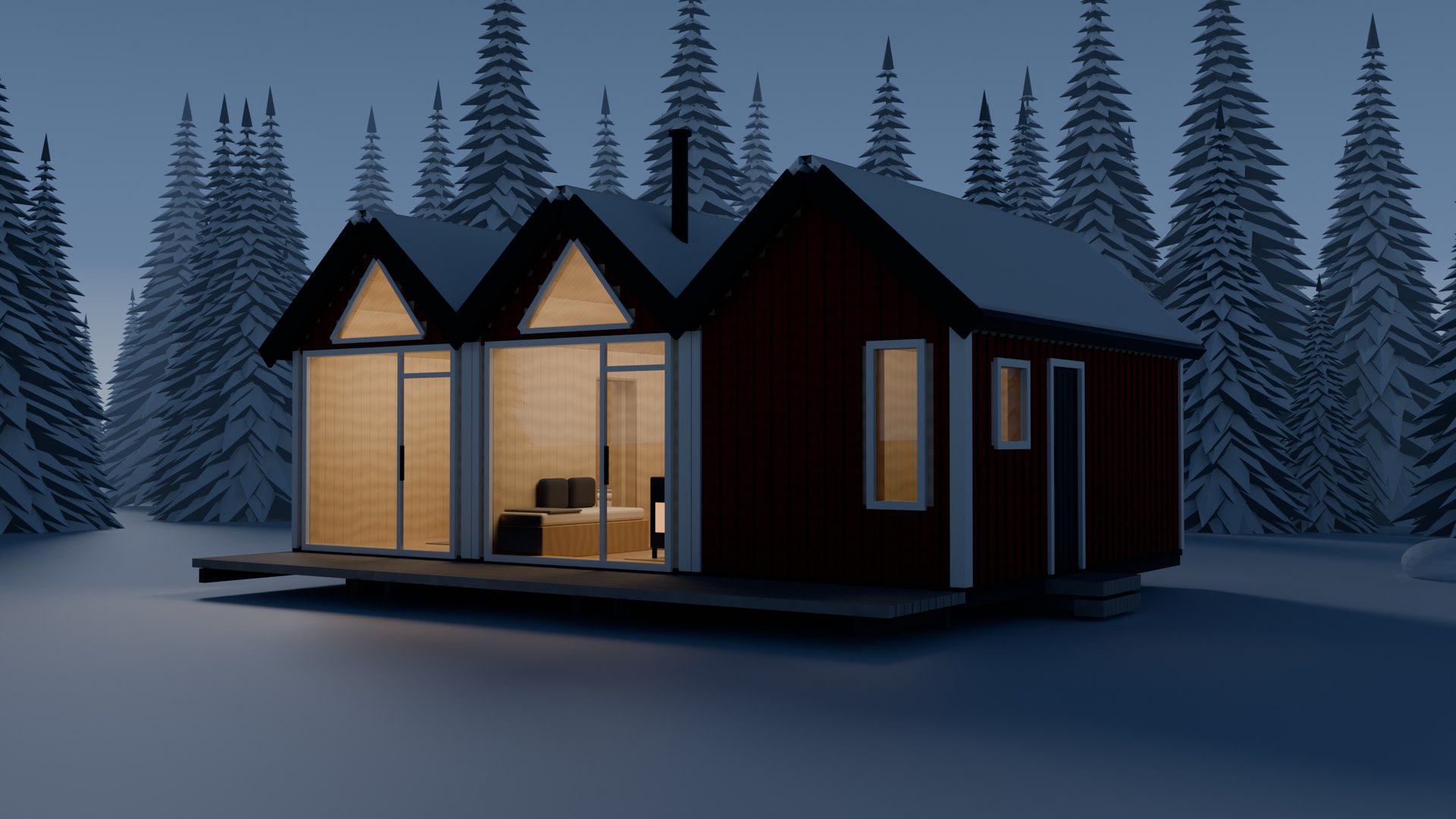 SKJUL in January at the blue hour, the windows lit, spruces in snow