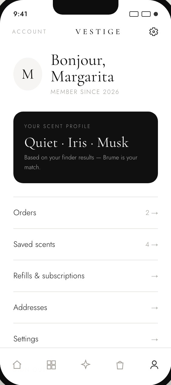 VESTIGE app — profile